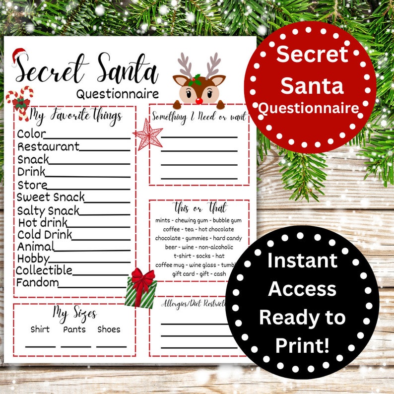 Secret Santa Questionnaire Printable Secret Santa Survey Christmas