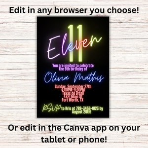 May include: A neon-coloured birthday invitation for an 11th birthday party. The invitation features the number 11 in neon yellow, with the word "Eleven" in neon purple, red, and green. The invitation includes the name "Olivia Mathis", the date and time of the party, the location, and RSVP information.