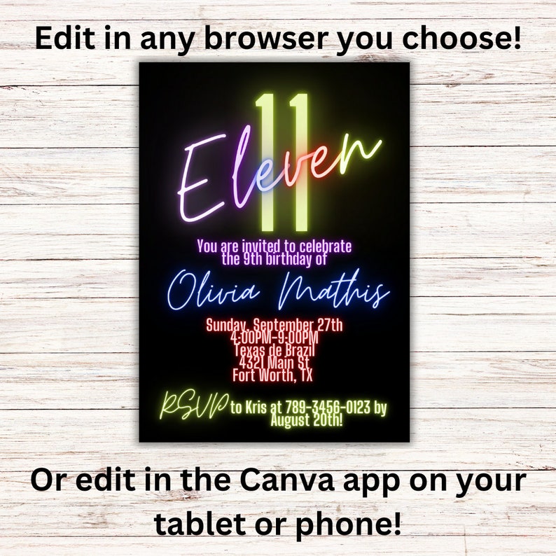 May include: A neon-coloured birthday invitation for an 11th birthday party. The invitation features the number 11 in neon yellow, with the word "Eleven" in neon purple, red, and green. The invitation includes the name "Olivia Mathis", the date and time of the party, the location, and RSVP information.