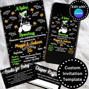 Editable Halloween Baby Shower Invitation, A Baby is Brewing, Neutral Baby Shower, Halloween Shower, Fall Baby Shower, Spooky Baby Invite