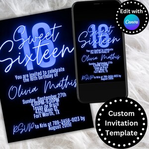 Sweet Sixteen Invite, Customizable Birthday Invitation, Editable, Printable, Sweet 16, 16th Birthday, Digital Invite, Invitation for Girl
