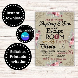 Escape Room Birthday Invitation, Customizable Invite, Editable, Printable, Escape Room Party, Kids Escape Room, Detective Invitation