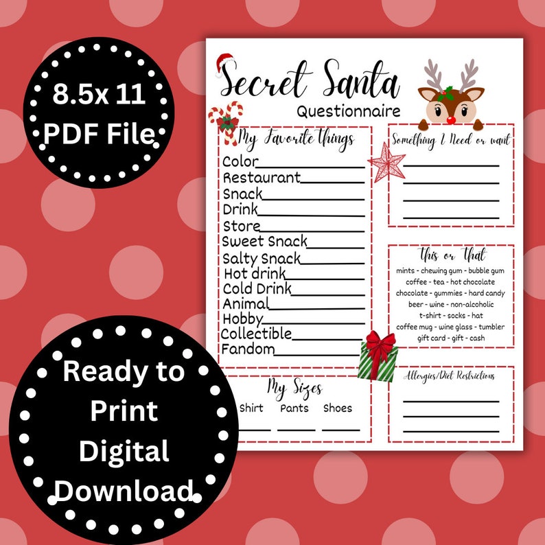 Secret Santa Questionnaire Printable, Secret Santa Survey, Christmas Wish List, Christmas List ...