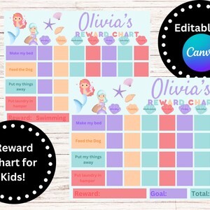 Mermaid Reward Chart | Printable Reward Chart | Editable | Chore Chart | Behavior Chart | Kids Routine Sticker Chart | Daily Chore Chart