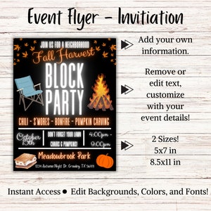 May include: A printable flyer for a Fall Harvest Block Party. The flyer is black with orange and white text. It features a campfire, a folding chair, and a s'more. The text says "Join us for a neighborhood Fall Harvest Block Party" and "Chili - S'mores - Bonfire - Pumpkin Carving". The date is October 15th and the time is 4:00pm - 9:00pm. The location is Meadowbrook Park, 1234 Autumn Night Dr. Crowley, TX 56769.
