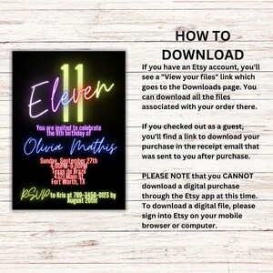 May include: A neon pink, yellow and blue "Eleven" birthday invitation with a black background. The invitation is for Olivia Mathis's 9th birthday party on Sunday, 27th September from 4:00 PM to 9:00 PM at Texas de Brazil in Fort Worth, Texas. RSVP to Kris at 789-3456-0123 by 20th August.