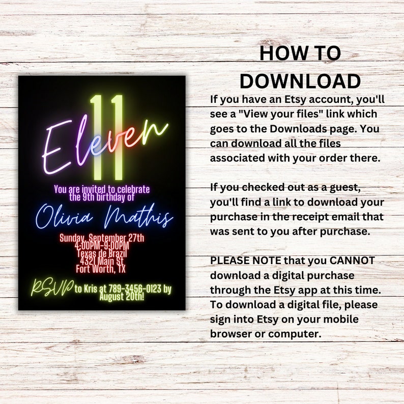 May include: A neon pink, yellow and blue "Eleven" birthday invitation with a black background. The invitation is for Olivia Mathis's 9th birthday party on Sunday, 27th September from 4:00 PM to 9:00 PM at Texas de Brazil in Fort Worth, Texas. RSVP to Kris at 789-3456-0123 by 20th August.