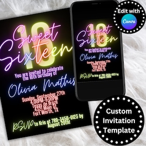 Sweet Sixteen Invite, Customizable Birthday Invitation, Editable, Printable, Sweet 16, 16th Birthday, Digital Invite, Invitation for Girl