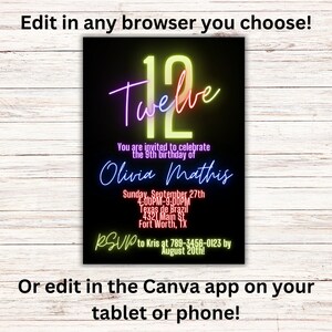 May include: A neon pink, yellow, and blue birthday invitation for a 9th birthday party. The invitation says "Twelve" in neon letters and includes the name "Olivia Mathis". The party is on Sunday, September 27th from 4:00 PM to 9:00 PM at Texas de Brazil in Fort Worth, TX. RSVP to Kris at 789-3456-0123 by August 20th.