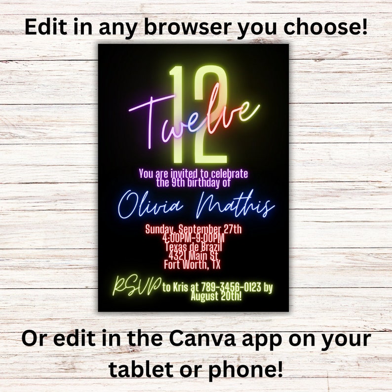 May include: A neon pink, yellow, and blue birthday invitation for a 9th birthday party. The invitation says "Twelve" in neon letters and includes the name "Olivia Mathis". The party is on Sunday, September 27th from 4:00 PM to 9:00 PM at Texas de Brazil in Fort Worth, TX. RSVP to Kris at 789-3456-0123 by August 20th.