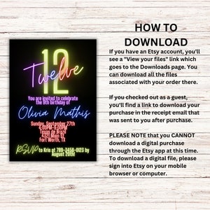 May include: Neon pink, yellow, and blue text on a black background reads "12 Twelve". The text is a birthday invitation for Olivia Mathis's 9th birthday party on Sunday, September 27th from 4:00PM to 9:00PM at Texas de Brazil, 4321 Main St, Fort Worth, TX. RSVP to Kris at 789-3456-0123 by August 20th!