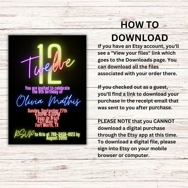 May include: Neon pink, yellow, and blue text on a black background reads "12 Twelve". The text is a birthday invitation for Olivia Mathis's 9th birthday party on Sunday, September 27th from 4:00PM to 9:00PM at Texas de Brazil, 4321 Main St, Fort Worth, TX. RSVP to Kris at 789-3456-0123 by August 20th!