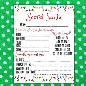 Secret Santa Questionnaire Printable Secret Santa Survey Christmas Secret Santa Questionnaire Printable Secret Santa Survey Christmas