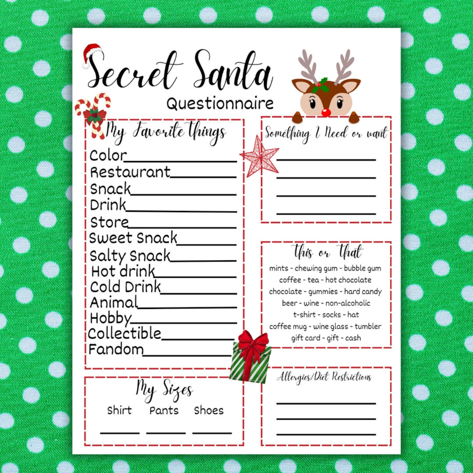 Secret Santa Questionnaire Printable Secret Santa Survey Christmas Secret Santa Questionnaire Printable Secret Santa Survey Christmas