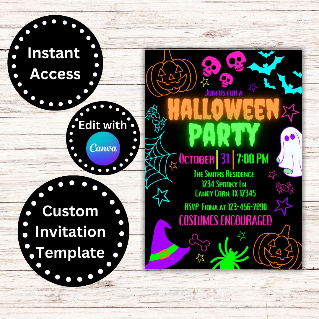 EDITABLE Halloween Party Invitation, Neon Halloween Invitation, Digital ...