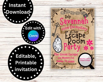 Escape Room Birthday Invitation, Customizable Invite, Editable, Printable, Escape Room Party, Kids Escape Room, Detective Invitation