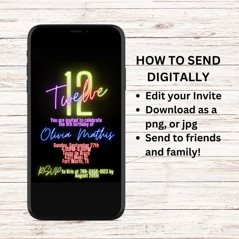 May include: A digital invitation for a 9th birthday party. The invitation features a neon pink, yellow, and blue number 12 with the word "Twelve" written above it. The invitation is for Olivia Mathis's birthday party on September 27th from 4:00 PM to 9:00 PM at Texas de Brazil in Fort Worth, Texas. The RSVP information is included at the bottom of the invitation.
