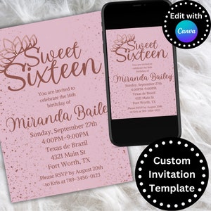 Sweet Sixteen Invite, Customizable Birthday Invitation, Editable, Printable, Sweet 16, 16th Birthday, Digital Invite, Invitation for Girl