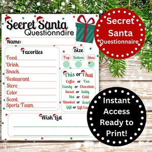 Secret Santa Questionnaire Printable, Secret Santa Survey, Christmas Wish List, Christmas List Digital Download, Secret Santa Form, For Work
