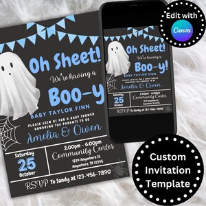 Editable Halloween Baby Shower Invitation, Oh Sheet It&#39;s a Boo-y, Boy Baby Shower, Halloween Shower, Fall Baby Shower, Ghost Invite