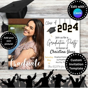 Graduation Party Invitation, Digital Invite Template with Picture, Class of 2024, Graduation Announcement Invitation, Edit in Canva