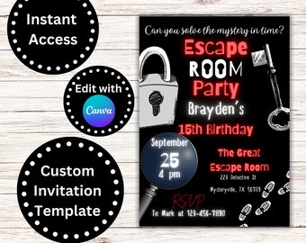 Escape Room Birthday Invitation, Customizable Invite, Editable, Printable, Escape Room Party, Kids Escape Room, Detective Invitation
