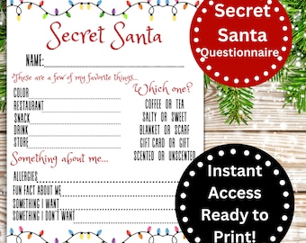 Könnte beinhalten: Ein druckbarer Fragebogen für den Secret Santa mit einem festlichen Weihnachtslichterrand. Der Fragebogen fragt nach Lieblingsdingen, wie Farbe, Restaurant, Snack, Getränk und Geschäft. Er fragt auch nach Allergien, einer lustigen Tatsache, etwas, das die Person möchte, und etwas, das sie nicht möchte.