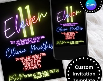 11th Birthday Invite, Customizable Birthday Invitation, Editable, Printable, Neon Birthday Invite, 11th Birthday, Digital Birthday Invite