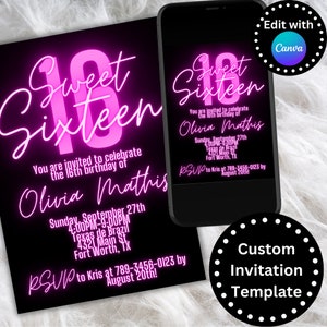 Sweet Sixteen Invite, Customizable Birthday Invitation, Editable, Printable, Sweet 16, 16th Birthday, Digital Invite, Invitation for Girl