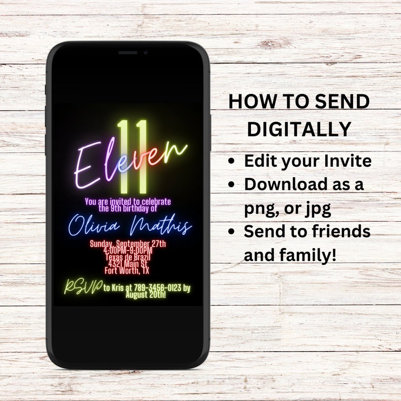May include: A digital invitation for an 11th birthday party. The invitation features a neon sign with the number 11 and the word "Eleven" in rainbow colours. The invitation is for Olivia Mathis's birthday party on 27th September from 4:00 PM to 9:00 PM at Texas de Brazil in Fort Worth, Texas. RSVP to Kris at 789-3456-0123 by 20th August.