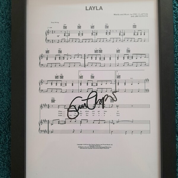 Layla, eric clapton, signed A4 sheet music