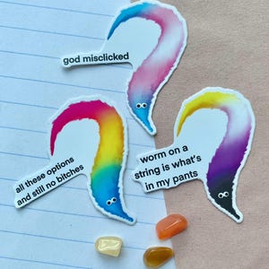 Puede incluir: Tres pegatinas coloridas con forma de gusano con texto: "god misclicked", "all these options and still no bitches", y "worm on a string is what's in my pants". Pequeñas piedras de colores dispersas debajo.