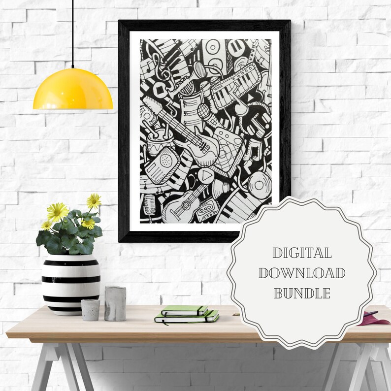 PRINTABLE Music Art Print Downloadable Music Wall Art Black and White Electric Guitar and Piano ...