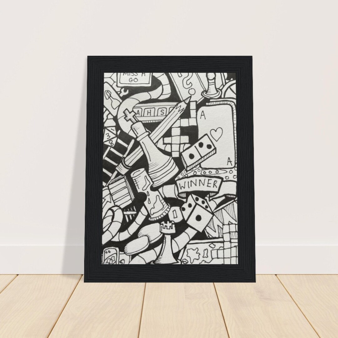 Board Game Wall Art Framed Poster Black, White, Wood Frame Chess and ...
