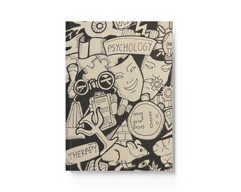 Psychology Journal | Hard Backed Journal | Lined, Blank or Graph Paper | Black and White Hand Draw Design | Psychology Student