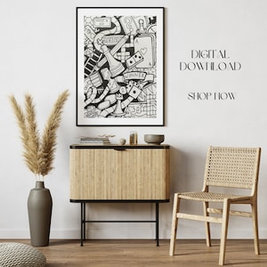 Może przedstawiać: Czarno-biała ilustracja cyfrowa różnych gier planszowych i elementów gry, w tym pionka szachowego, kości, karty do gry i planszy do gry. Ilustracja jest oprawiona i wisi na białej ścianie nad drewnianym szafką.
