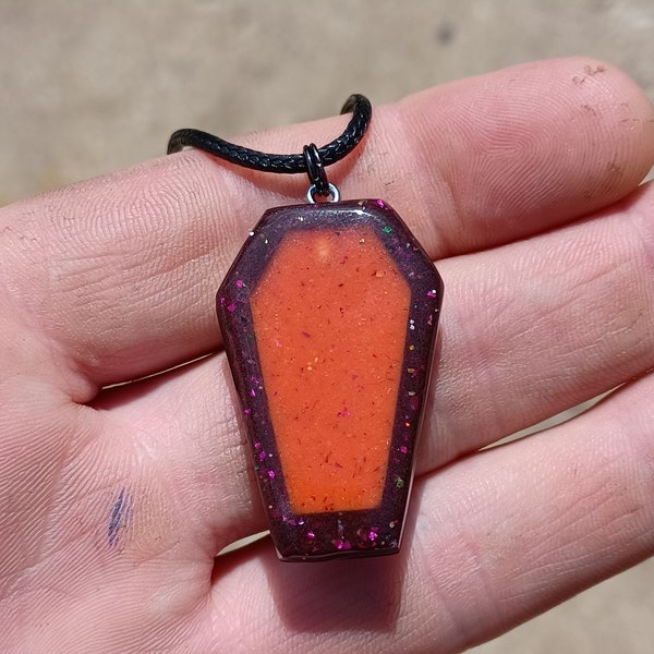 coffin necklace homemade epoxy resin casket pendant Glow In The Dark charm UV active purple sparkles 1" x 1.5" charm 18" halloween necklace