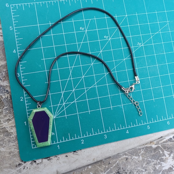 coffin necklace homemade epoxy resin casket pendant "Blemished" Glow charm UV green/purple sparkles 1" x 1.5" charm 18" halloween necklace