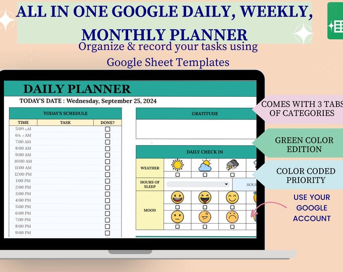 2024 2025 Google Sheets Digital Planner Daily Weekly Monthly Habit