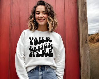 Gildan White 18000 Mockup, Fall mockup, Gildan Sand Sweater Mock up, Oversized Sweatshirt Model Mockup, Gildan White Mockup, Boho Mockup