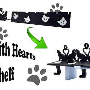 Puede incluir: Estantería infantil con temática de gatos negros con detalles de corazones. La estantería presenta siluetas de gatos negros y recortes en forma de corazón. Se muestra el texto "Black Cat with Hearts Kids Shelf". El soporte de exhibición no está incluido.