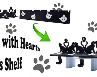Black Cat Wall Shelf with Hooks – 3D Printed Cat Room Decor with Heart Tails – Lightweight Shelf for Nursery, Kids Room or Entryway