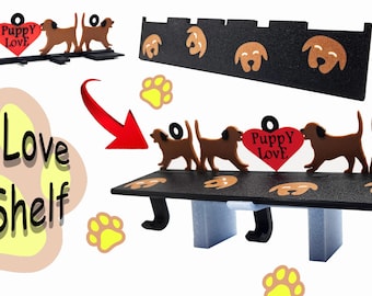 Personalized Puppy Wall Shelf with Hooks – 3D Printed Dog Room Decor with Heart – Custom Name Kids Shelf for Nursery or Playroom