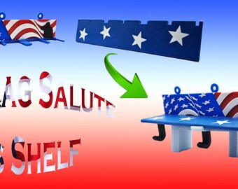American Flag Wall Shelf with Hooks  3D Printed Patriotic Soldier Salute Decor Lightweight USA Shelf for Entryway, Office or Room
