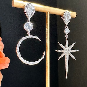 Silver Moon and Star Drop Dangling Earrings, Polaris Star, Mix and match, Celestial Bridal Earrings, Wedding Jewelry, Bride&#39;s earrings