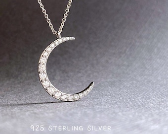 Sterling Silver Moon and Star Necklace: CZ Crescent Charm