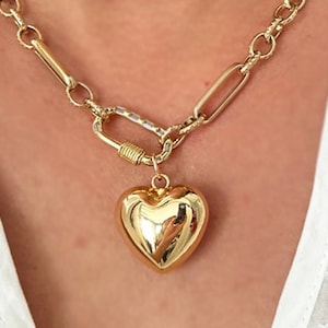 Chunky Link Chain Necklace, Gold Love Heart Carabiner, Large