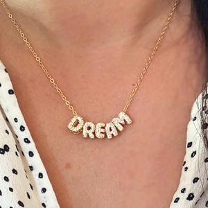 CZ Initial Necklace, Gold Filled Bubble Letter Pendant