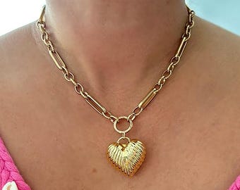 Gold Puffy Heart Paperclip Chain Necklace: 3D Statement Jewelry