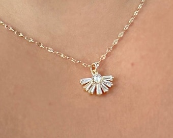 Gold Fan Charm Necklace: Cubic Zirconia Bridal Jewelry